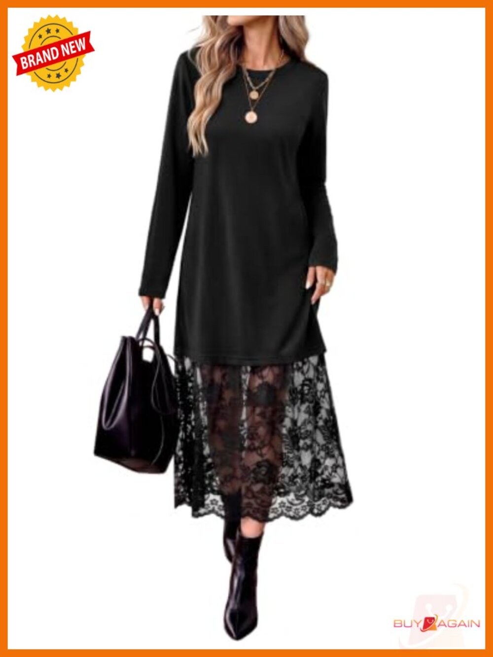 Midi Dress Long Sleeve Lace Patchwork Fall Wedding Guest